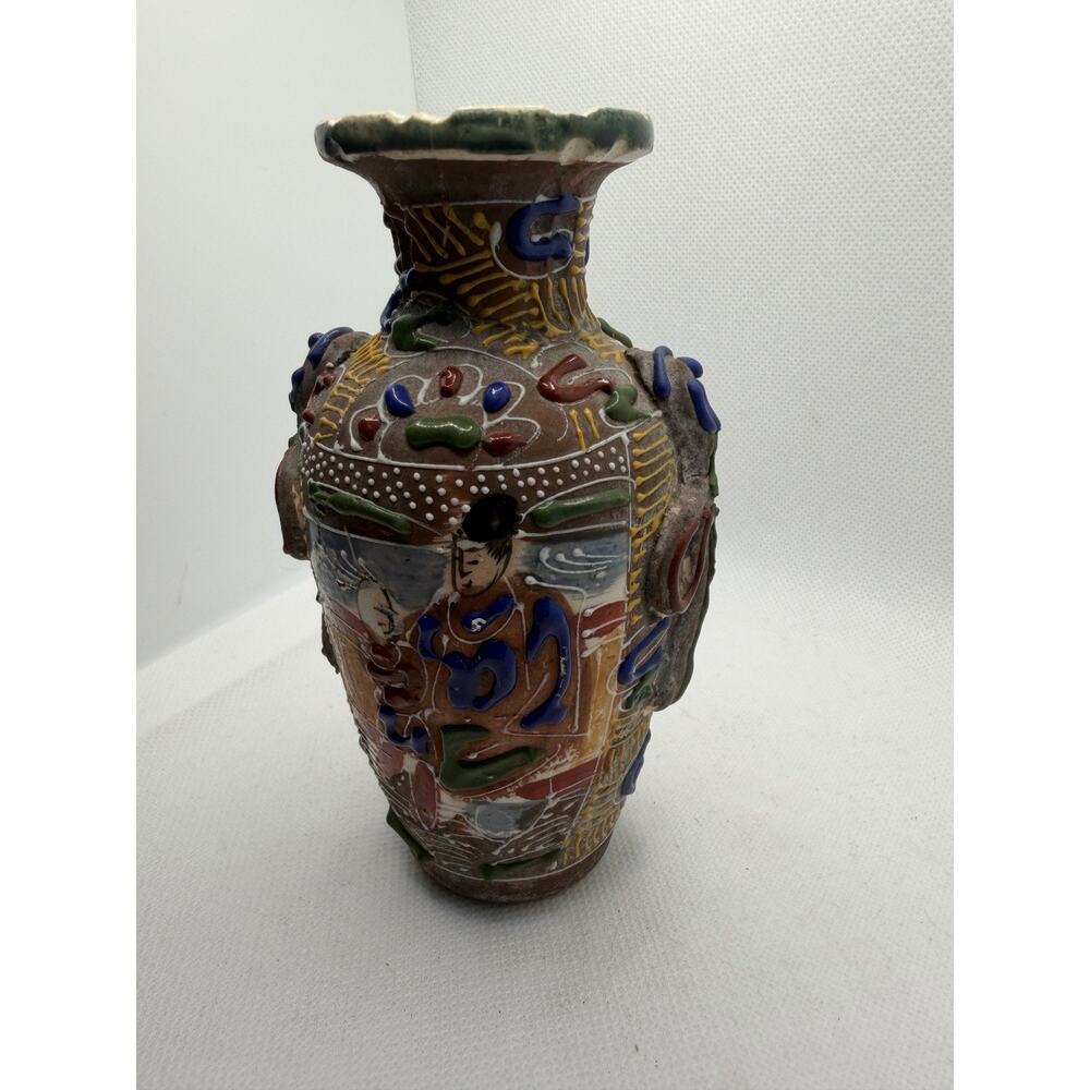 Antique Japanese Moriage Satsuma Vase, Colorful Enamel Textured Relief, 5” Tall